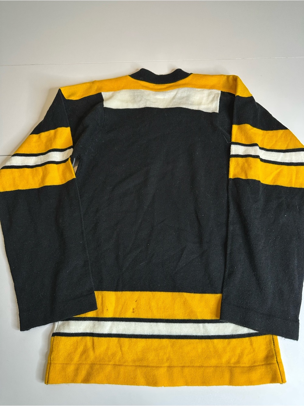 Black Knit Sweater with Yellow & White Stripes